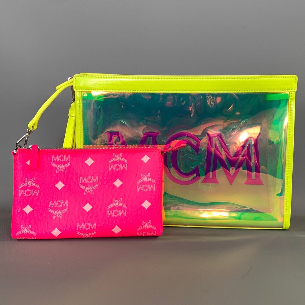 MCM SS2019 Pink Neon Monogram PVC Wristlet